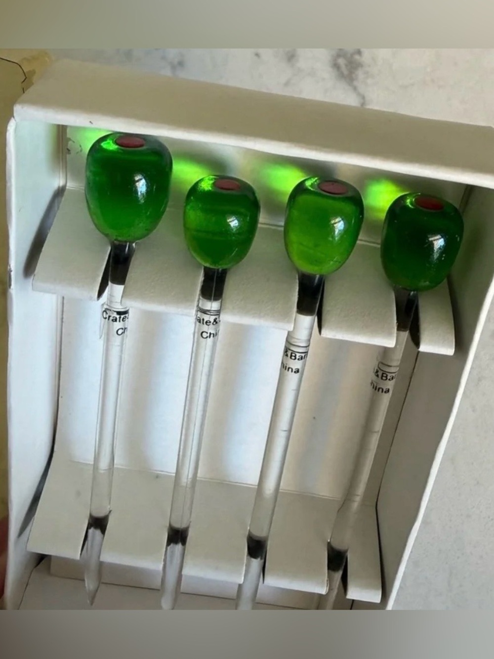 Crate&Barrel Vintage Glass Olive Cocktail Picks Set of Four NEW in Original Box!